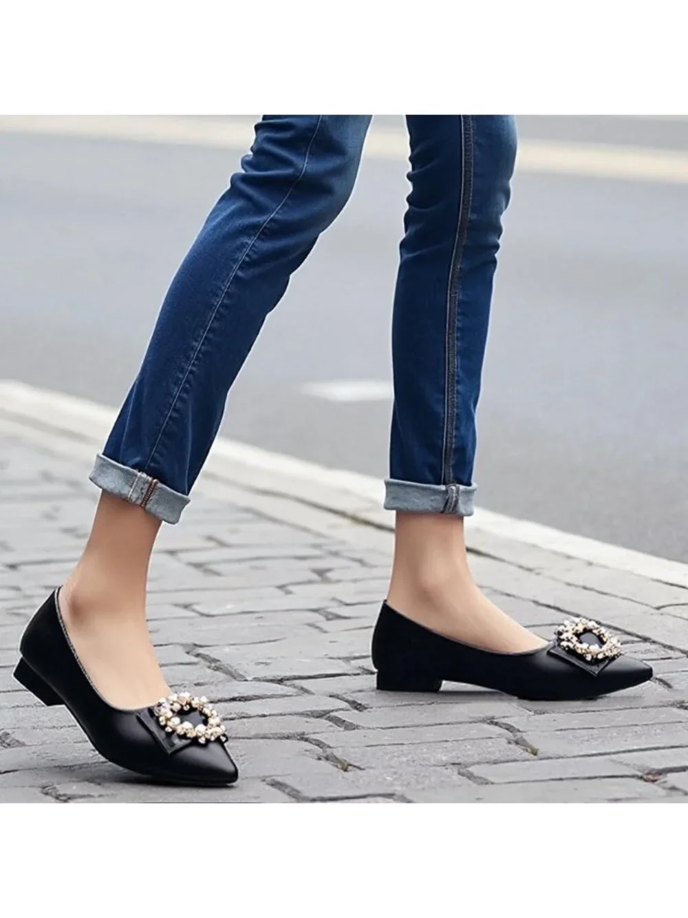 Women's 02-Black Pointed Toe Pearl Flats Comfort Non Slip Soft Sole Office Shoes